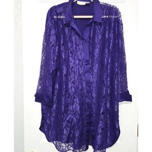 Vintage Victoria's Secret Purple Lace Long Sleeve Button‎ Down Lingerie Top M/L